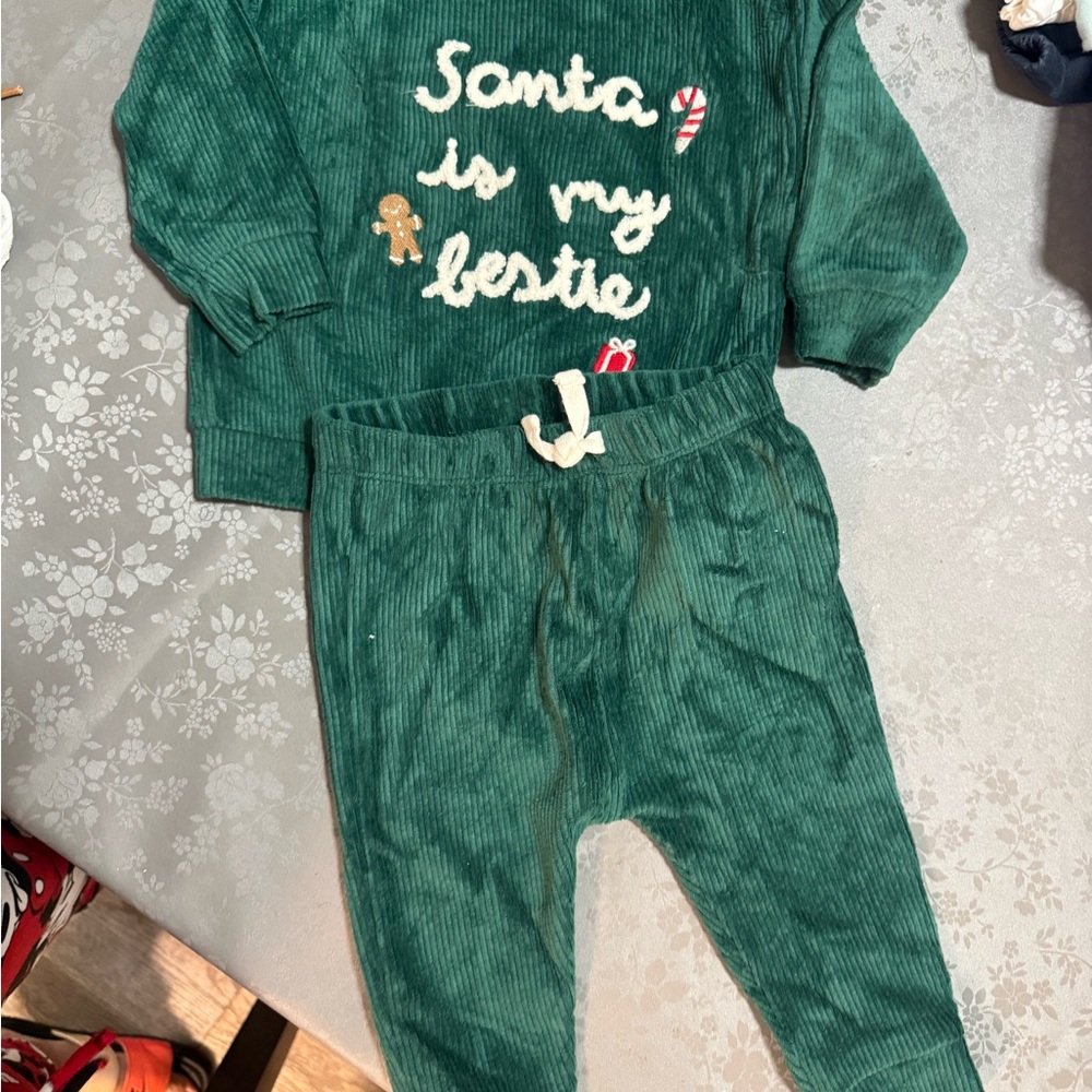Carter's Green Corduroy Kids Matching Set - "Santa is my Bestie"